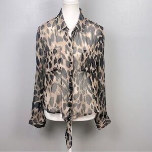 Chico’s cheetah animal print sheer button front tie waist blouse top, 1=medium.